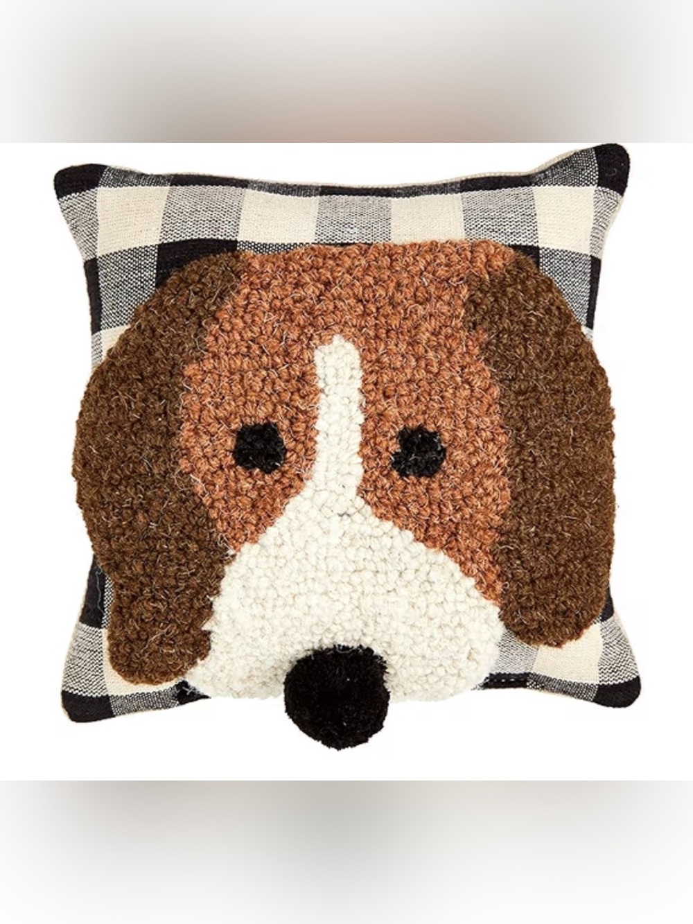 NEW Mud Pie Mini Hooked Dog Decorative Throw Pillow 8" x 8" Check Puppy Doodle